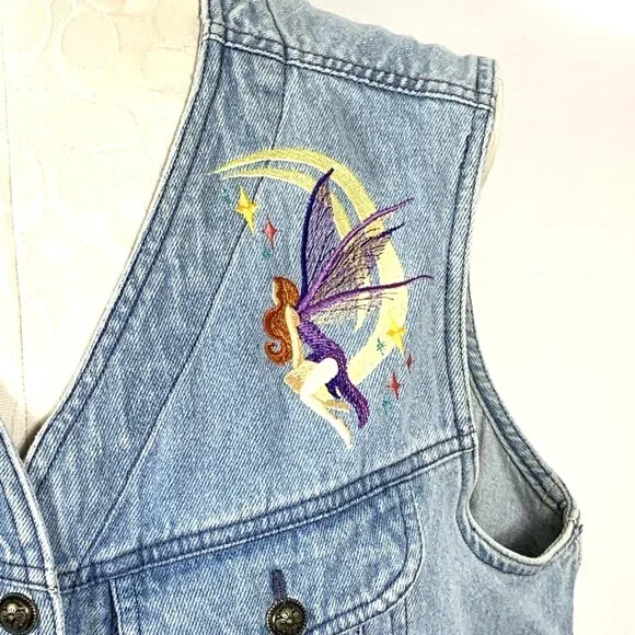 Denim Vest Sz XL Embroidered Fairies Unicorn Whimsical Russ State of Blue Vtg - Picture 3 of 11